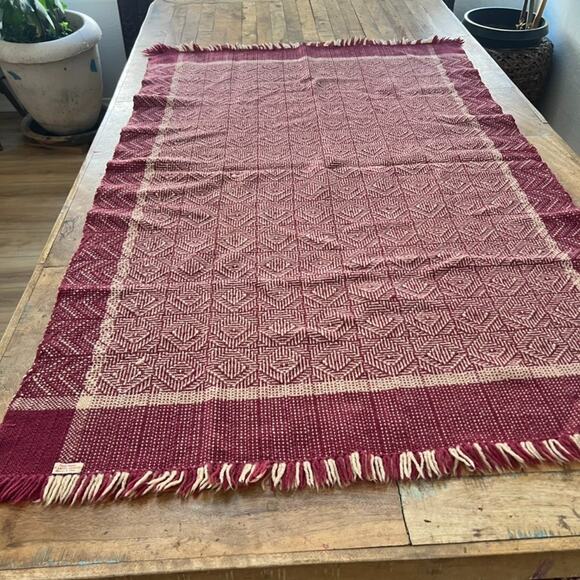 Hand Woven Wool Blanket 58 x 36" by Laura Lenglet Maroon Ivory Geometric Fringe - Picture 2 of 7